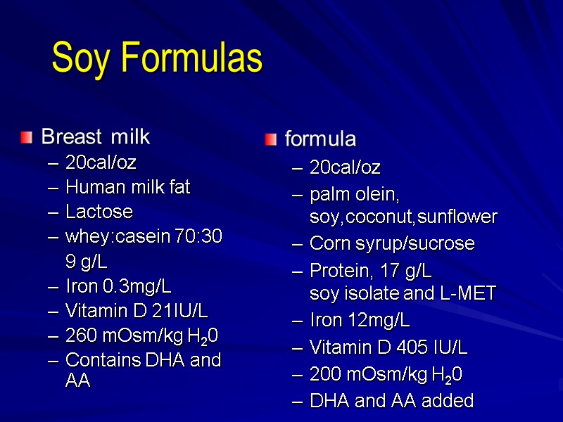 Soy Formulas Breast milk 20cal/oz Human milk fat Lactose whey:casein 70:30  9 g/L